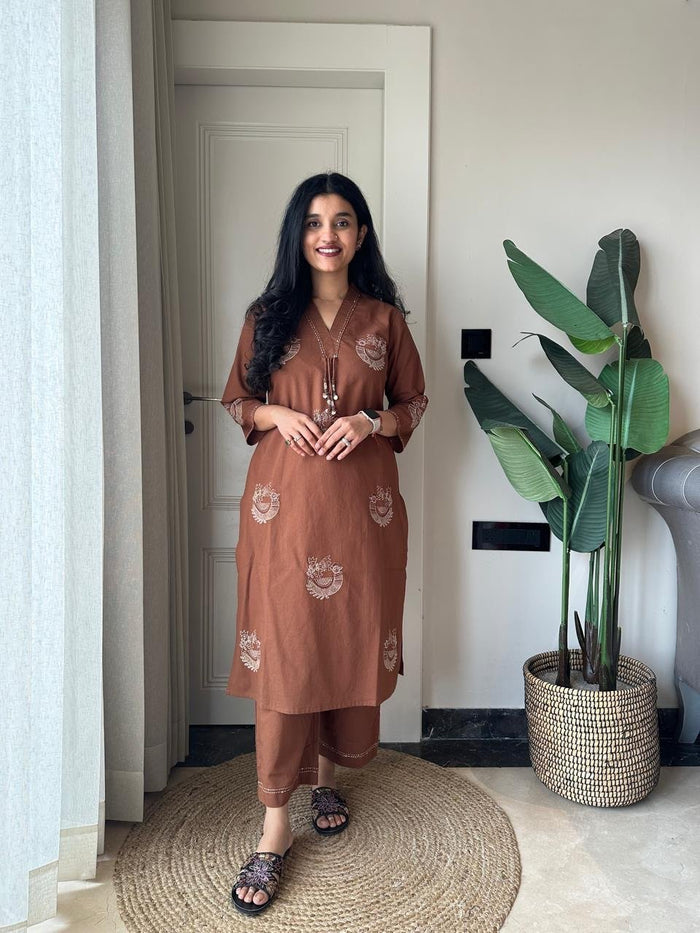Raisha Embroidered Pant Set- Earthy
