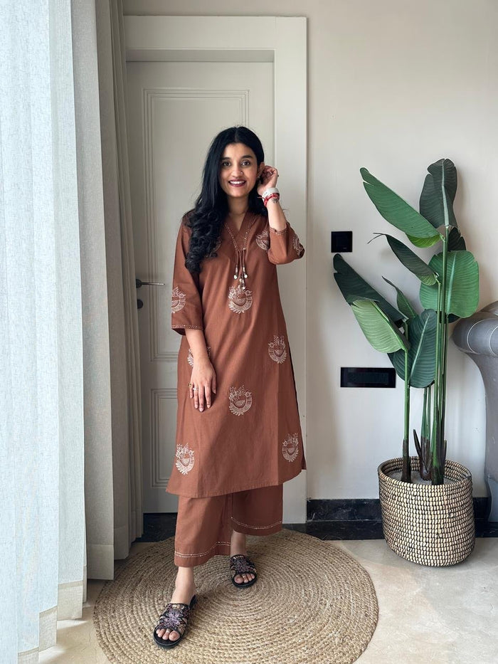 Raisha Embroidered Pant Set- Earthy