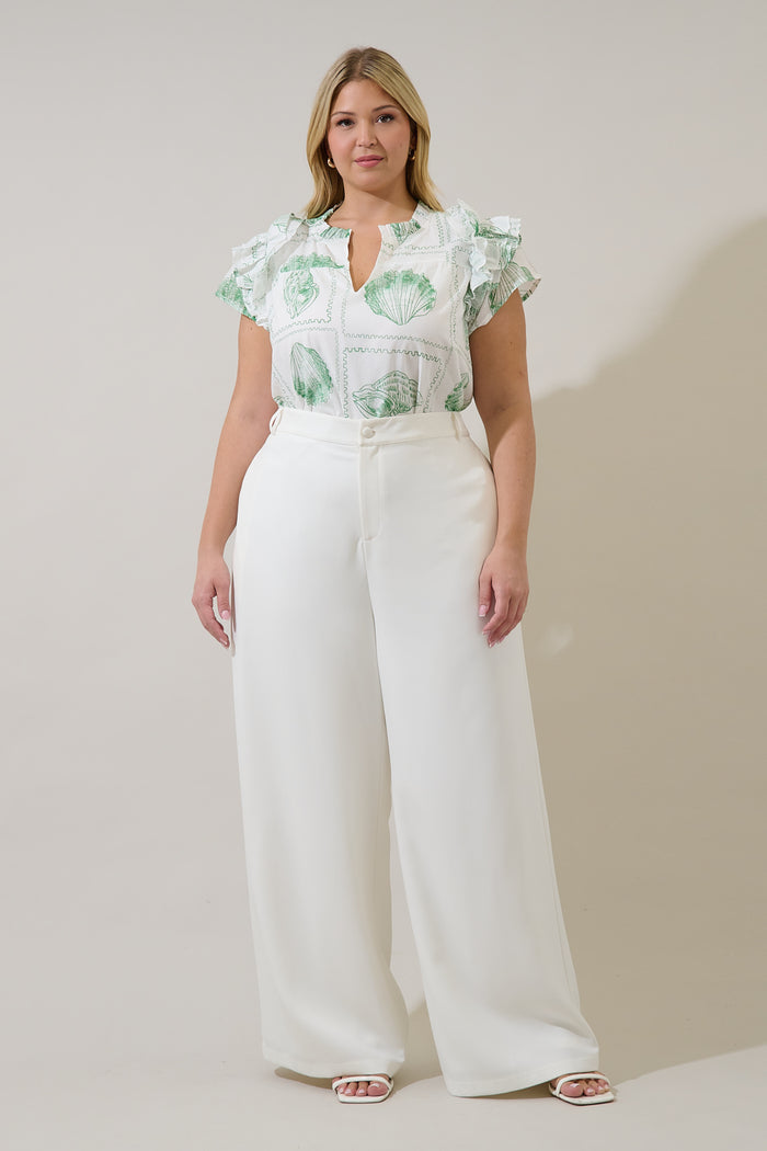 Ramona Ruffle Split Neck Top Seashell Bay Curve