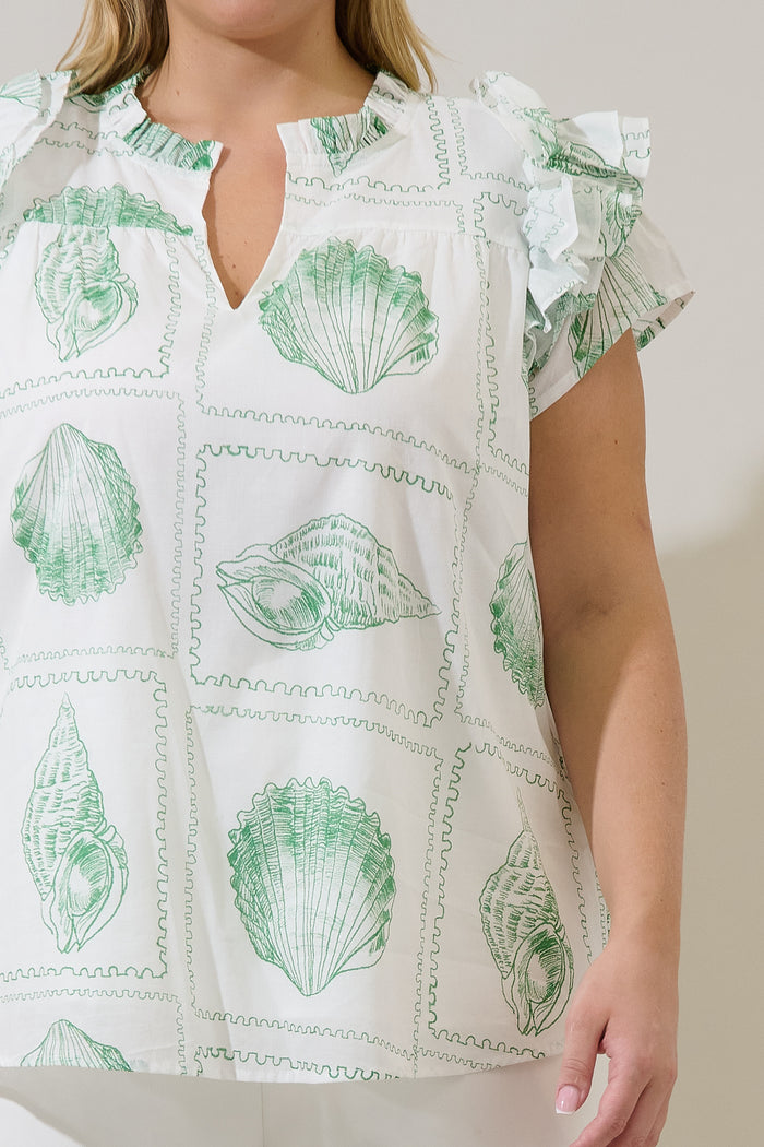 Ramona Ruffle Split Neck Top Seashell Bay Curve