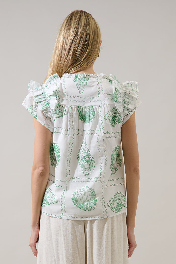 Ramona Ruffle Split Neck Top Seashell Bay