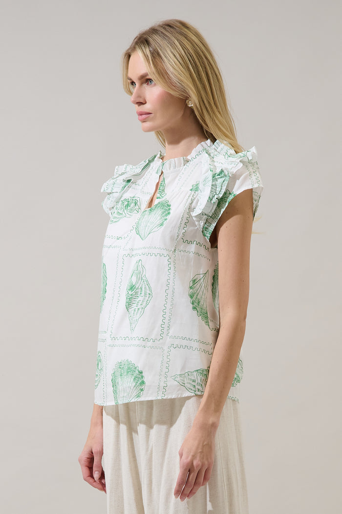 Ramona Ruffle Split Neck Top Seashell Bay