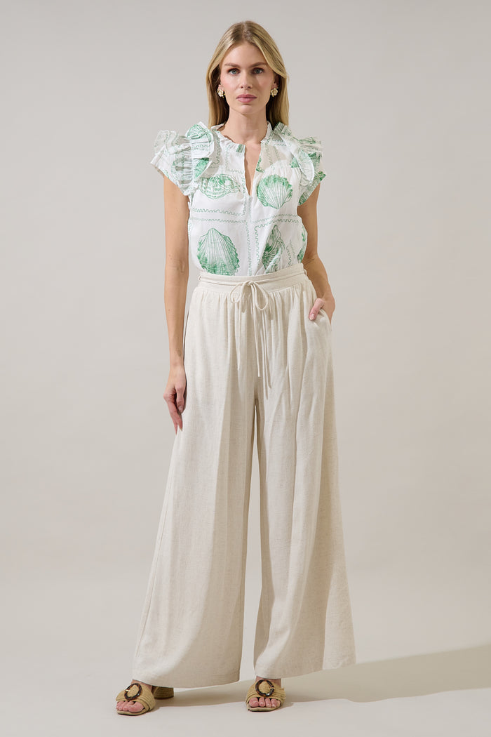 Ramona Ruffle Split Neck Top Seashell Bay