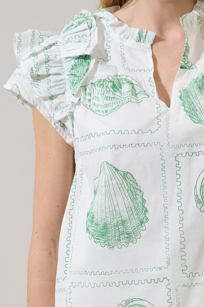 Ramona Ruffle Split Neck Top Seashell Bay