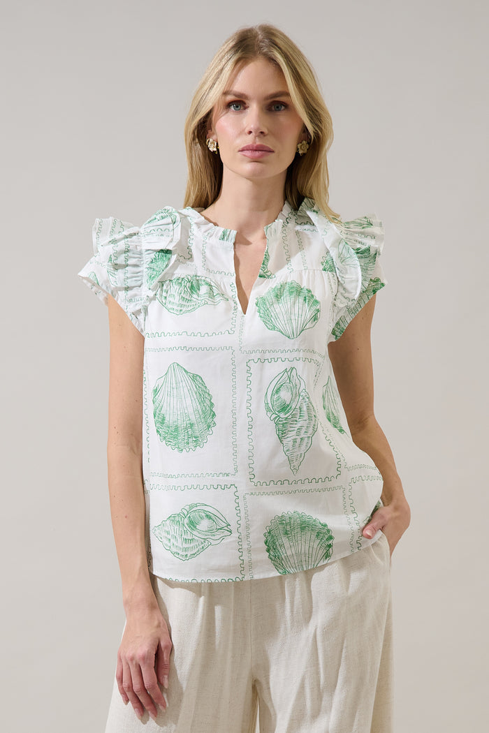 Ramona Ruffle Split Neck Top Seashell Bay