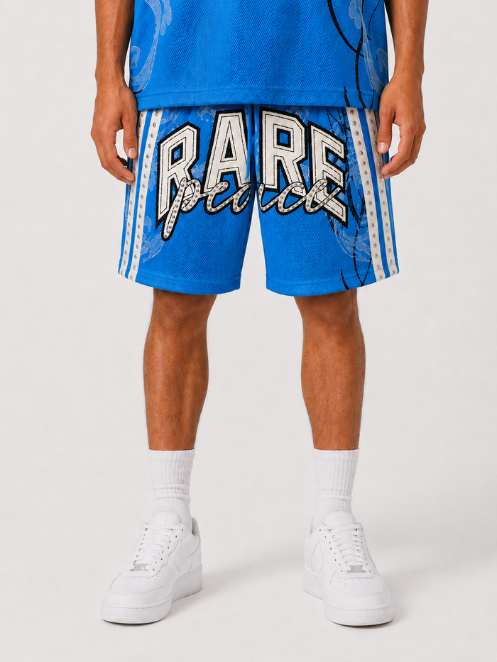 Rare Peace 'BIG EYE' rhinestone mesh shorts in cobalt blue, stylish and eye-catching with intricate rhinestone detailing.