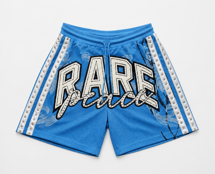 Rare Peace 'BIG EYE' rhinestone mesh shorts in cobalt blue, showcasing shimmering rhinestones and stylish relaxed fit.