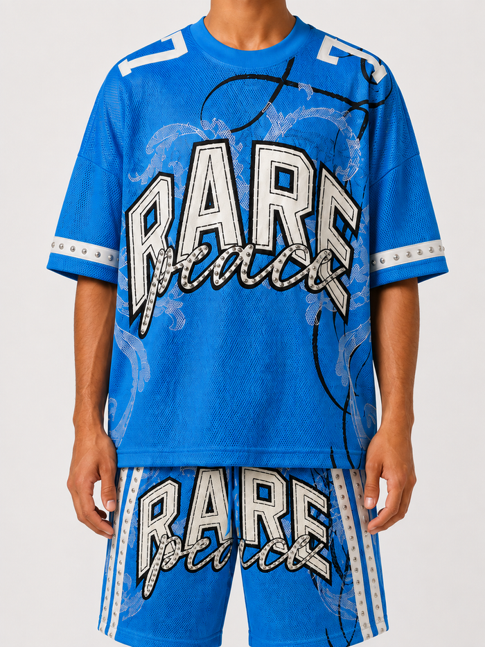 Rare Peace 'BIG EYE' rhinestone mesh top in C. Blue, oversized boxy fit jersey, stylish and eye-catching.
