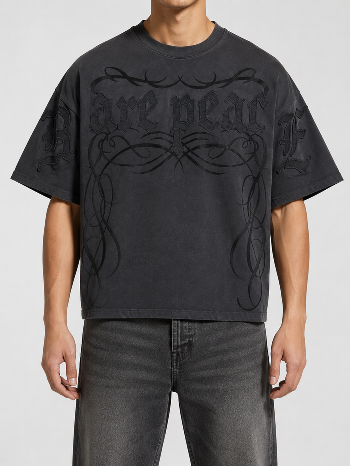 Rare Peace Dark Ages 2.0 oversized cropped T-shirt in dark grey, showing relaxed fit and soft fabric details.