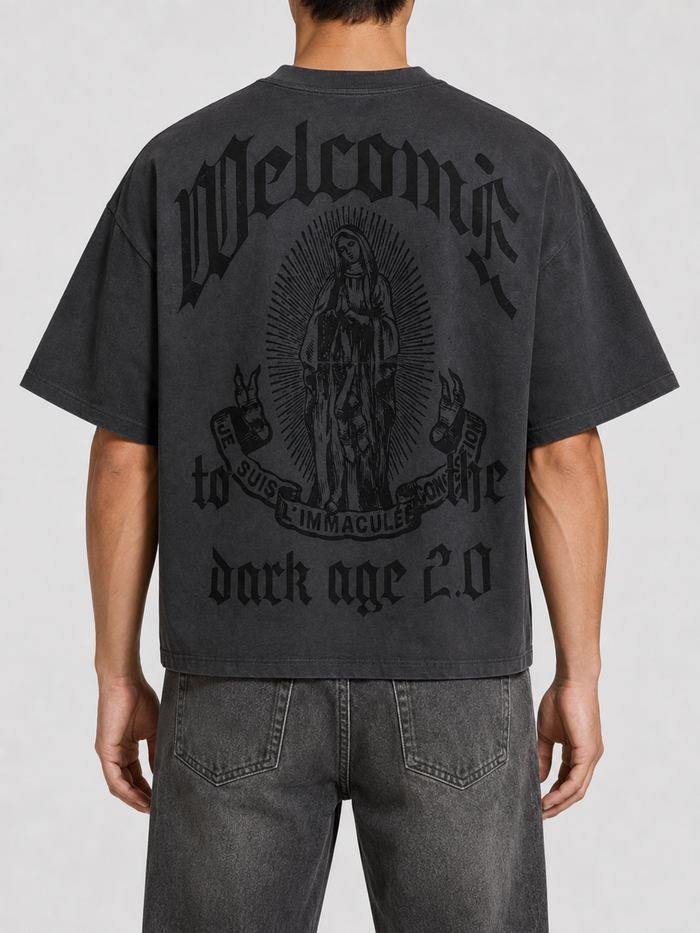 Dark grey oversized cropped T-shirt from Rare Peace's Dark Ages 2.0 collection, featuring a relaxed fit and streetwear style.