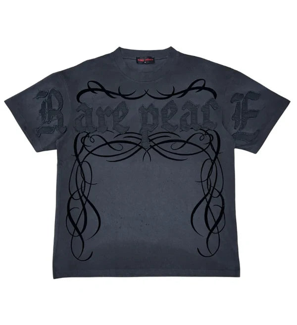 Rare Peace Dark Ages 2.0 oversized cropped T-shirt in dark grey, featuring a relaxed fit and graphic design.