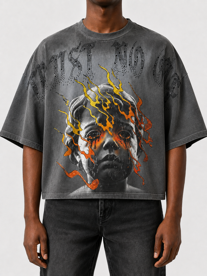 Grey oversized rhinestone cropped T-shirt by RARE PEACE with "Trust No One" slogan and bold design.