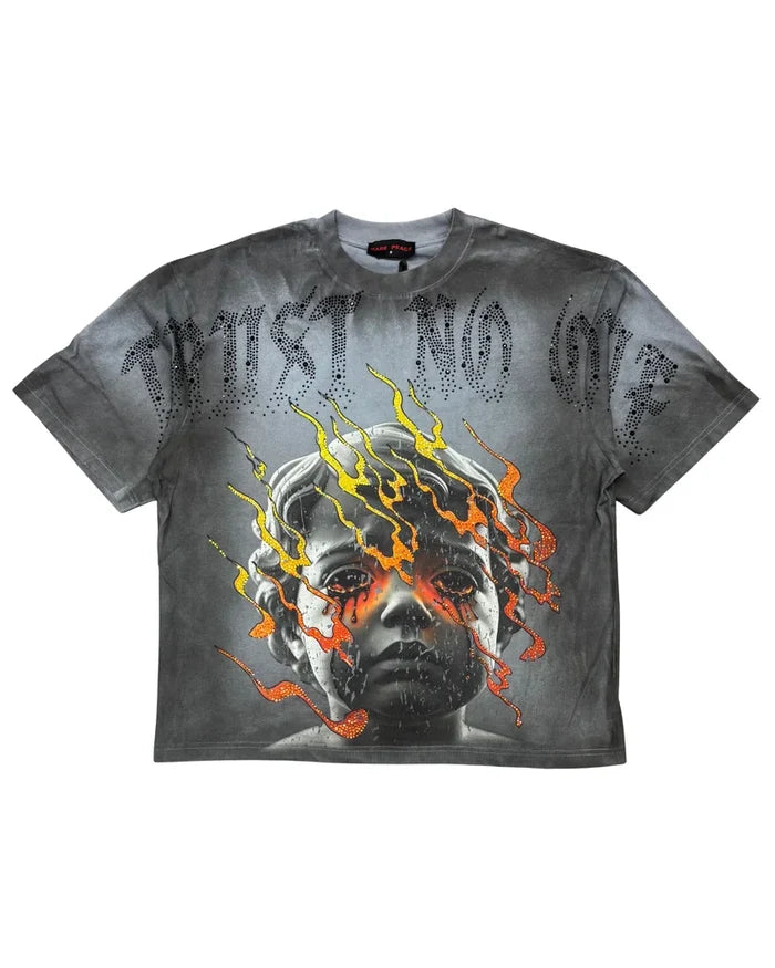 Gray oversized rhinestone T-shirt by RARE PEACE featuring a "Trust No One" slogan in bold rhinestones.