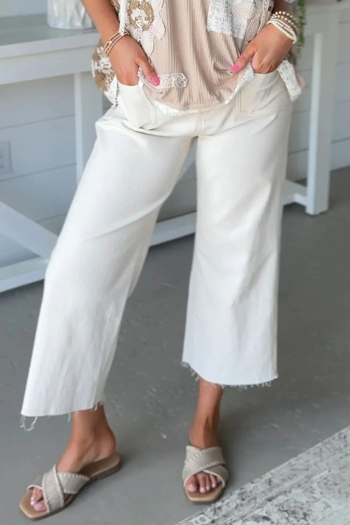 Raw Hem Ankle-length Loose Jeans – White