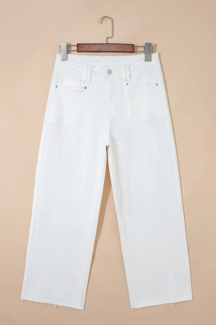Raw Hem Ankle-length Loose Jeans – White