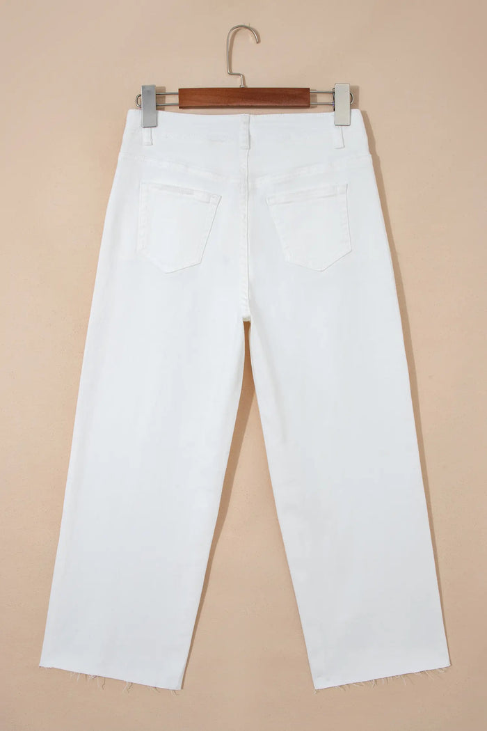 Raw Hem Ankle-length Loose Jeans – White