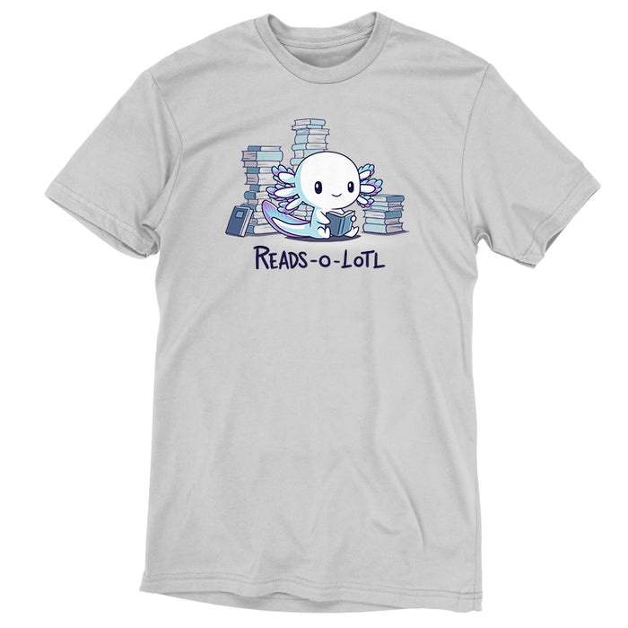 Premium Cotton T-shirt_TeeTurtle Reads-o-lotl silver gray t-shirt featuring a cute white and blue purple axolotl reading a book, surrounded by stacks of books, with the text "READS-O-LOTL" below.