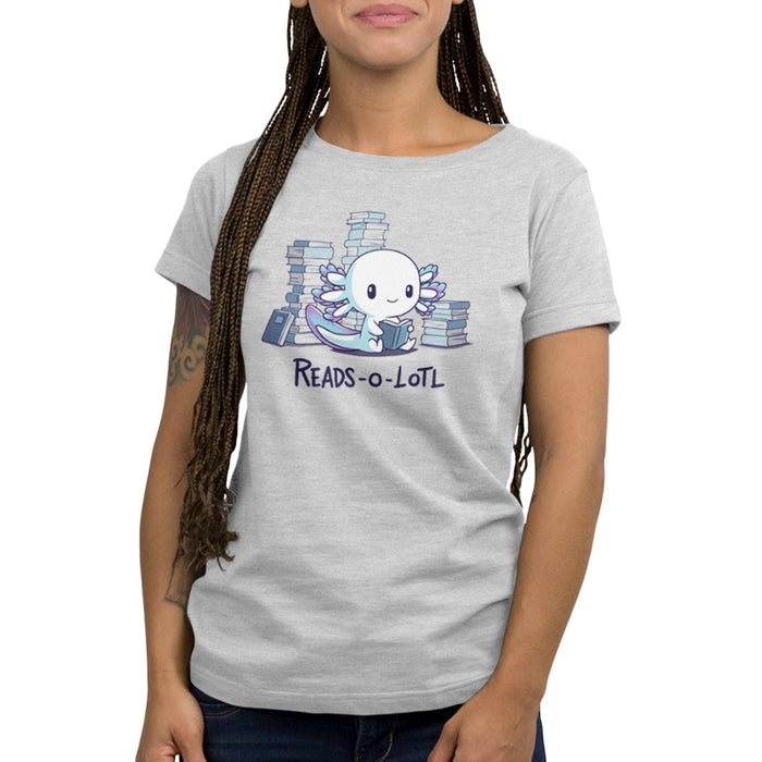 Premium Cotton T-shirt_TeeTurtle Reads-o-lotl silver gray t-shirt featuring a cute white and blue purple axolotl reading a book, surrounded by stacks of books, with the text "READS-O-LOTL" below.