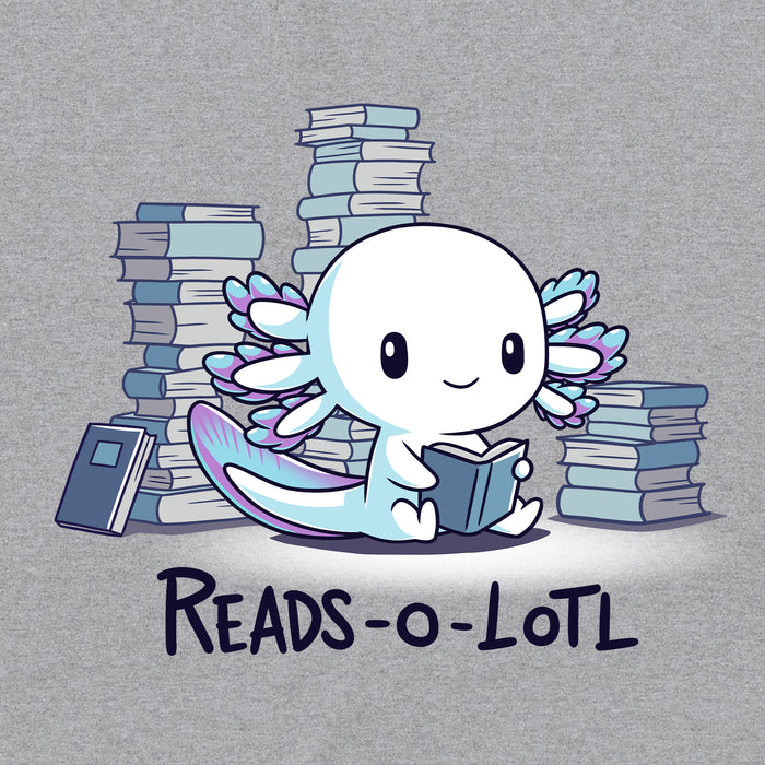 Classic Cotton T-shirt_TeeTurtle Reads-o-lotl heather gray t-shirt featuring a cute white and blue purple axolotl reading a book, surrounded by stacks of books, with the text "READS-O-LOTL" below.