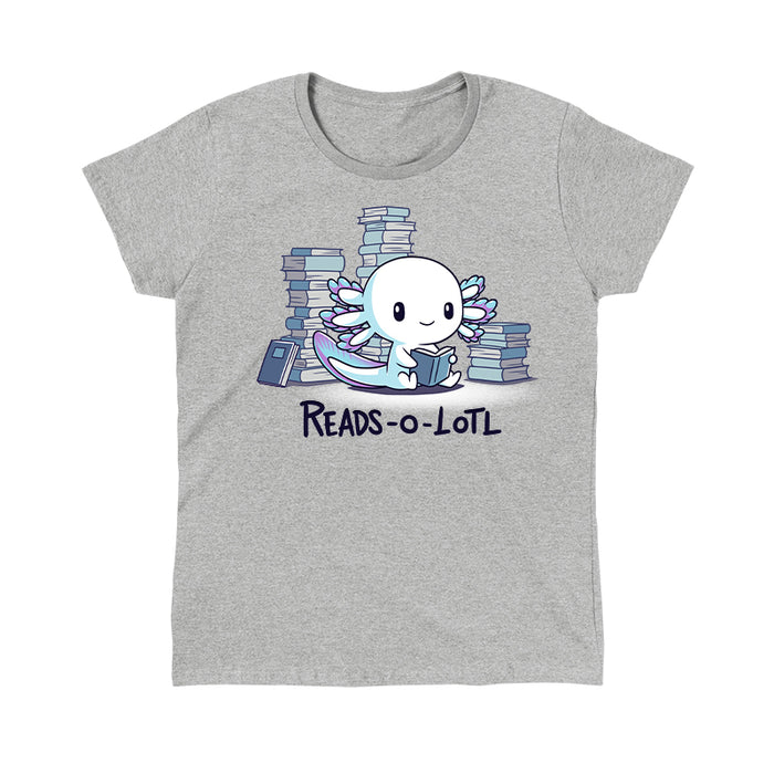 Classic Cotton T-shirt_TeeTurtle Reads-o-lotl heather gray t-shirt featuring a cute white and blue purple axolotl reading a book, surrounded by stacks of books, with the text "READS-O-LOTL" below.