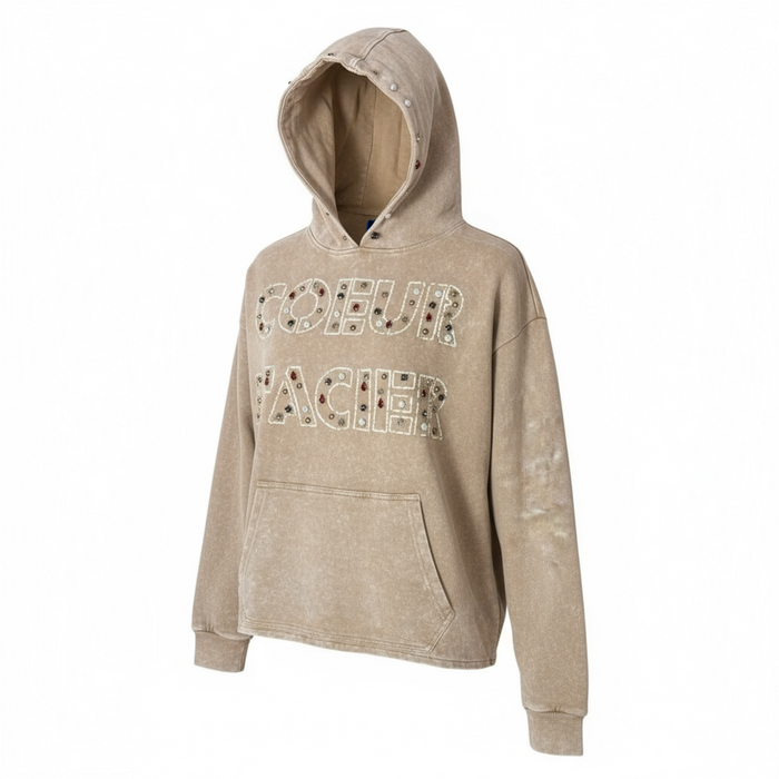 Rebel Denim Coeur Dacier jeweled fleece hoodie in khaki with embroidered details, cozy and stylish for casual wear.