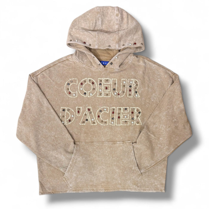 Rebel Denim Coeur Dacier jeweled fleece hoodie in khaki, featuring a cozy fleece material and decorative jeweled accents.