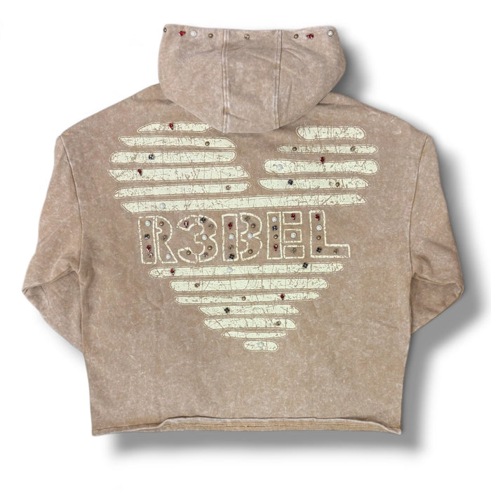 Rebel Denim Coeur Dacier jeweled fleece hoodie in khaki, featuring decorative embellishments and a cozy fit.
