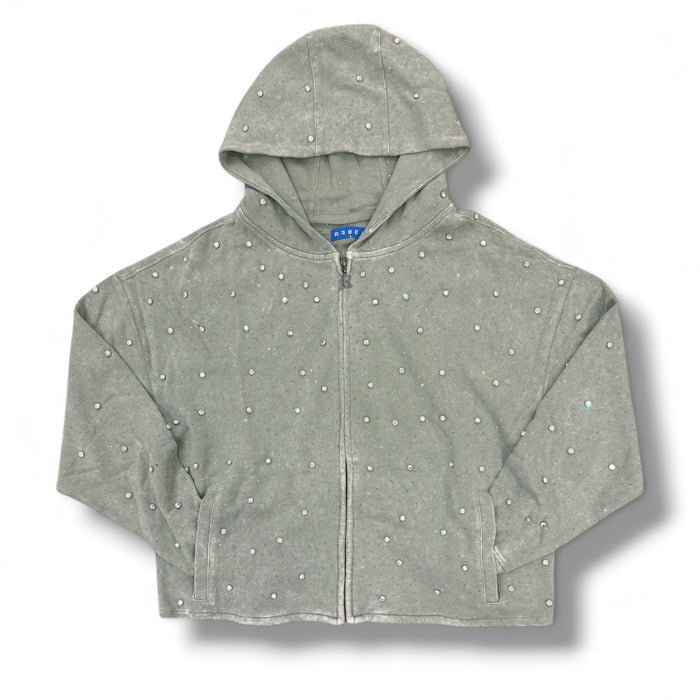 Rebel Denim Diamond fleece hoodie in sage green with a drawstring hood and front pocket, casual and comfortable for everyday wear.