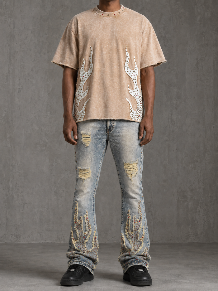 Khaki Rebel Denim Firefest cropped T-shirt with graphic design, short sleeves, and relaxed fit.