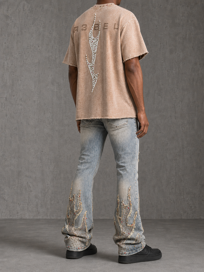 Rebel Denim Firefest khaki cropped T-shirt with graphic print, casual style, and short sleeves.