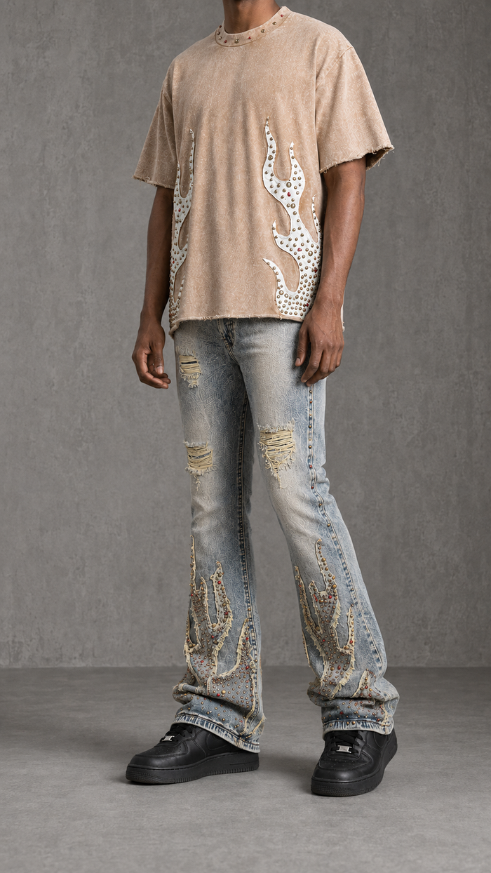 Rebel Denim Firefest khaki cropped T-shirt with graphic print, short sleeves, and relaxed fit.
