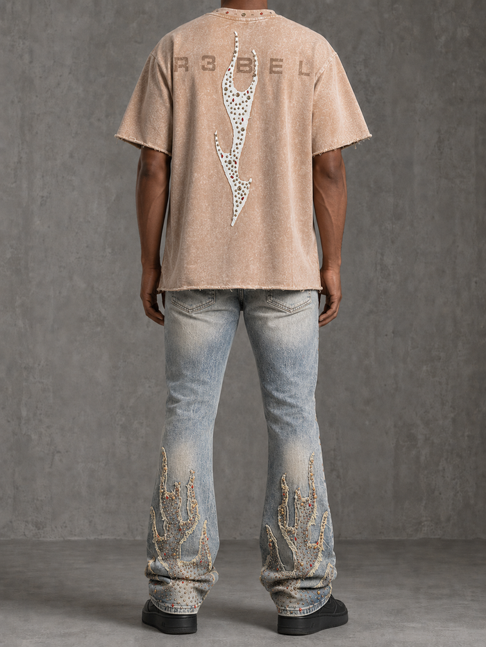 Rebel Denim Firefest khaki cropped T-shirt with graphic design, casual fit, and short sleeves.