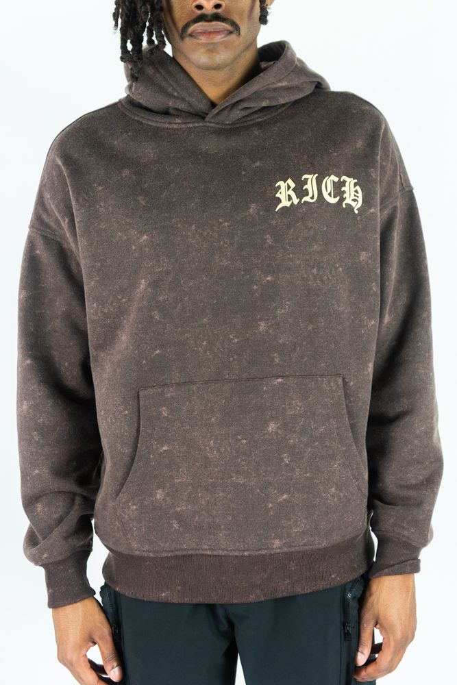 Rebel Minds Cash Flow hoodie in rust color, featuring front graphic design, made of soft fabric, casual fit, and stylish streetwear style.