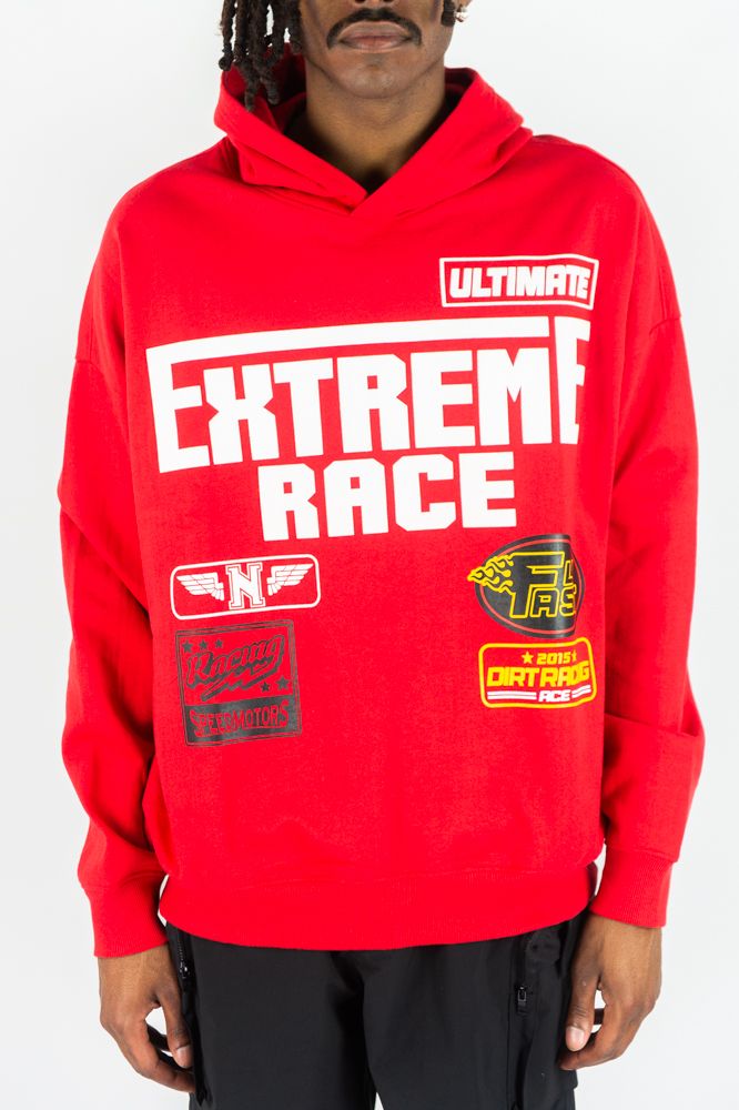 Red Rebel Minds Extreme Race hoodie, casual fit with front logo, displayed on a plain background.