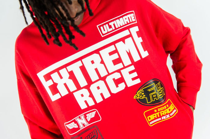 Red Rebel Minds Extreme Race hoodie with bold logo design, casual fit, and front pocket for comfortable streetwear style.
