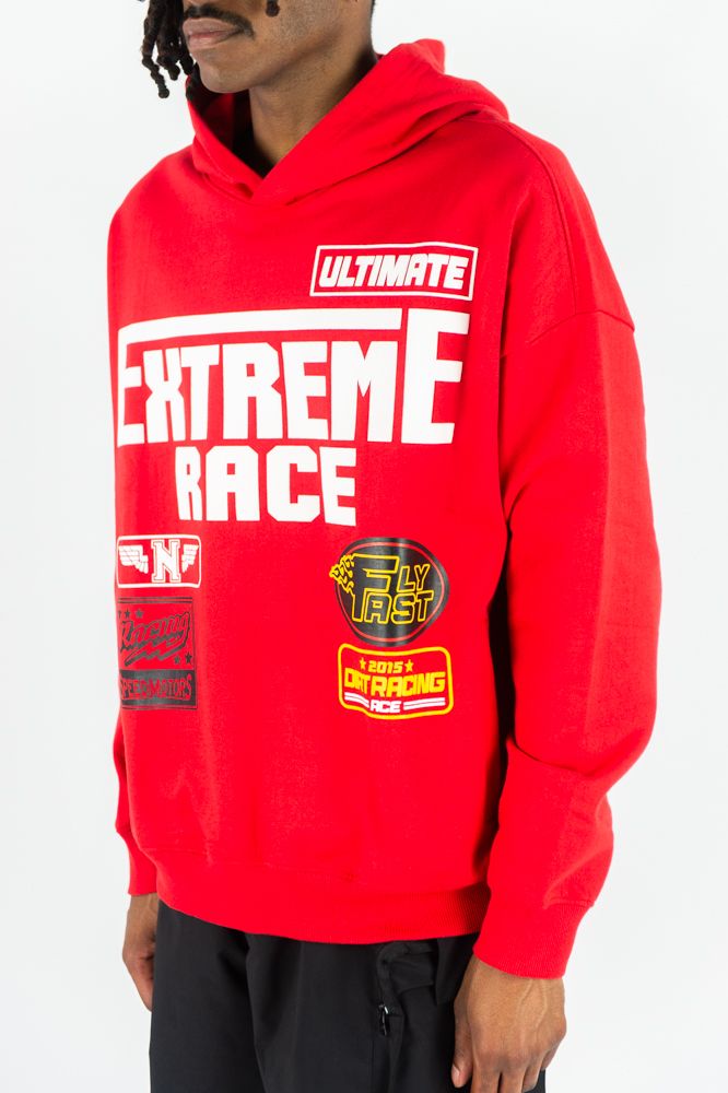 Red Rebel Minds Extreme Race hoodie with bold graphic design and front pocket, casual fit, and ribbed cuffs.