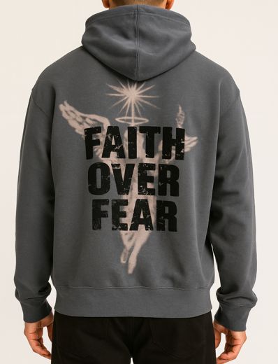 Rebel Minds charcoal hoodie with "Faith Over Fear" graphic, soft fabric, and adjustable drawstrings, casual and stylish.
