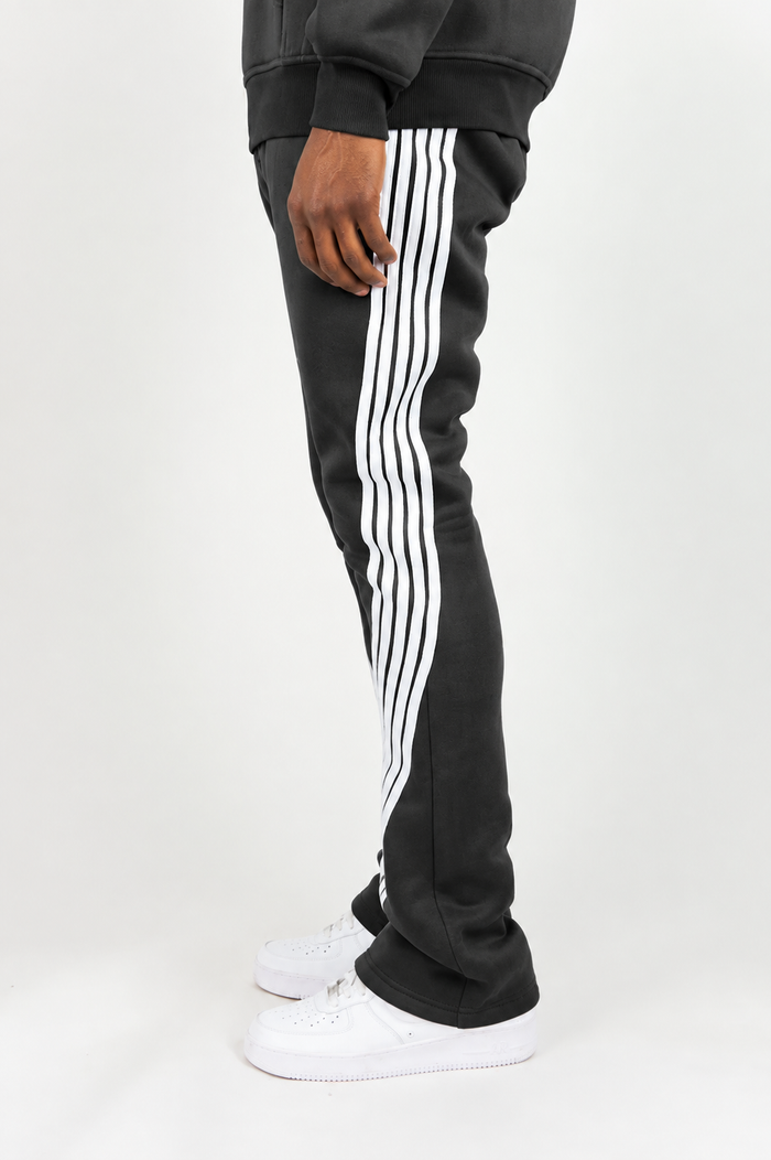 Rebel Minds Five Stripes stacked grey and white sweatpants, casual joggers with striped design and comfortable fit.