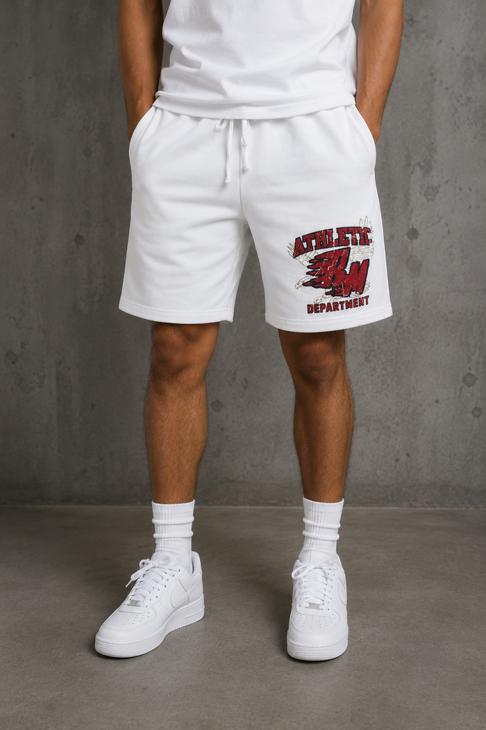 White Rebel Minds Flaming RM interlock shorts with logo waistband and sporty design, perfect for activewear or casual wear.
