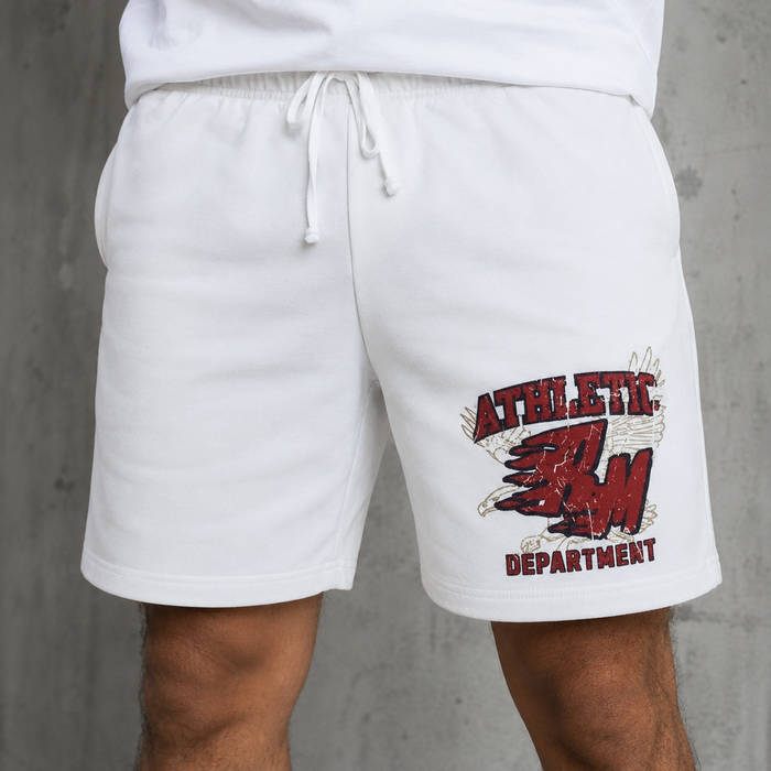 Rebel Minds Flaming RM interlock shorts in white, featuring a stylish design and comfortable fit, displayed on a model.