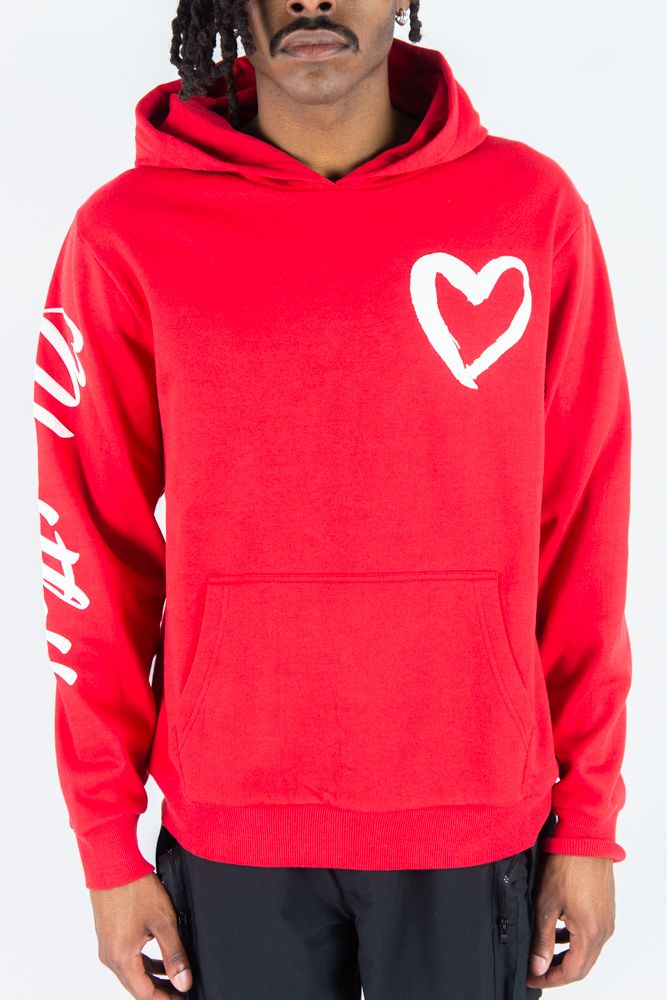 Red Rebel Minds Heartless hoodie with front pocket and drawstrings, casual streetwear style.