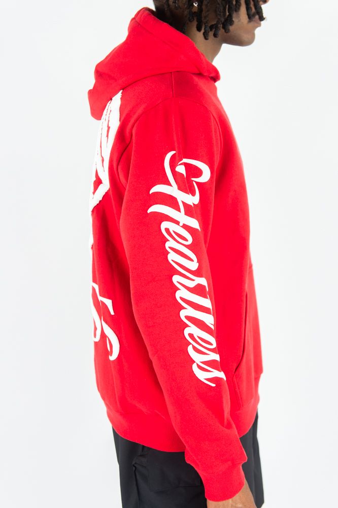 Red Rebel Minds Heartless hoodie with front pocket and drawstrings, casual streetwear style.