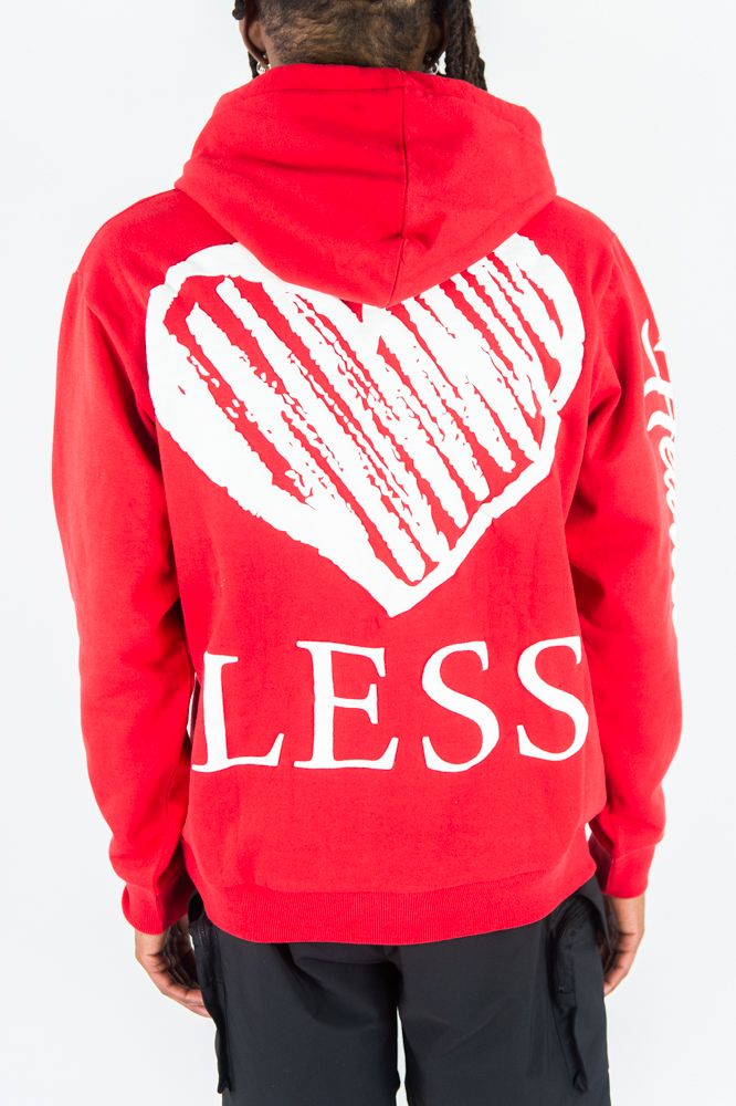 Red Rebel Minds Heartless Hoodie with front logo and drawstring hood, casual streetwear style.