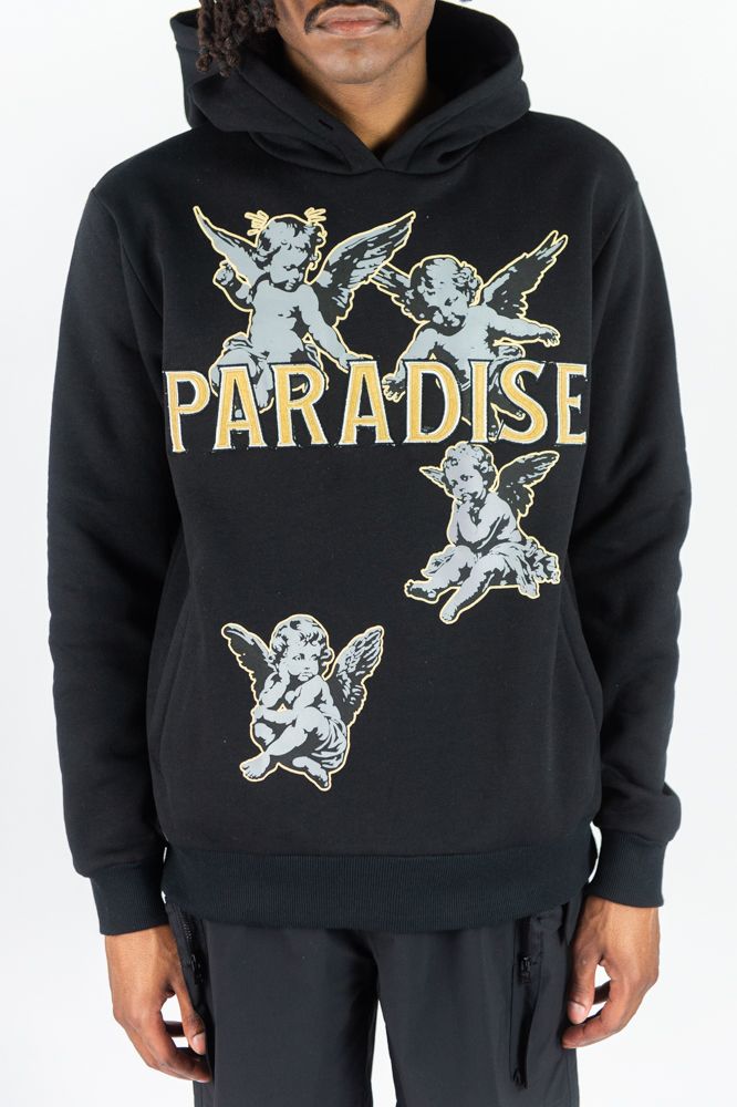 Black Rebel Minds 'Paradise' hoodie with front pocket and logo design, casual streetwear style.