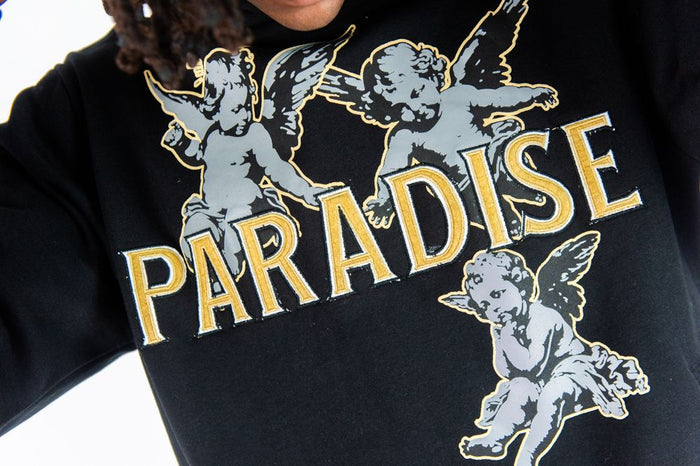 Black Rebel Minds Paradise hoodie with front logo and cozy fit, stylish casual wear for everyday comfort.
