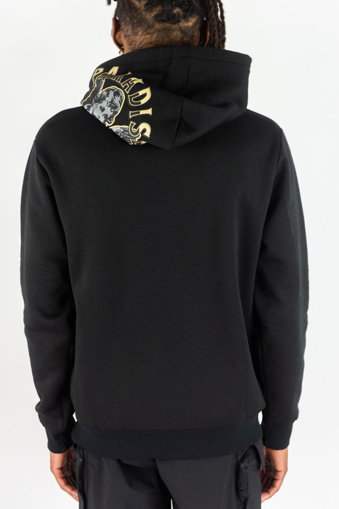 Rebel Minds Paradise hoodie in black, showcasing a comfortable fit with stylish design and branding details.