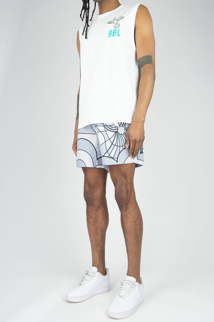 Rebel Minds RBL grey board shorts with adjustable waistband and logo detail, casual swimwear for men.