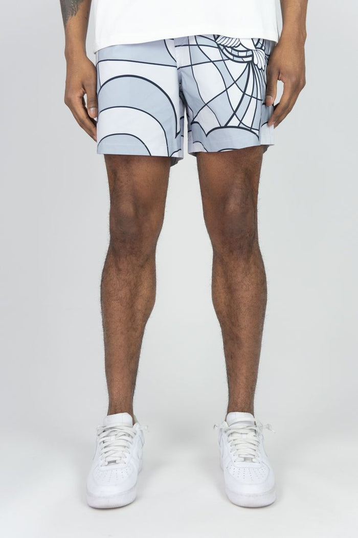 Rebel Minds RBL grey board shorts for men, featuring a relaxed fit and casual style, shown laid flat.