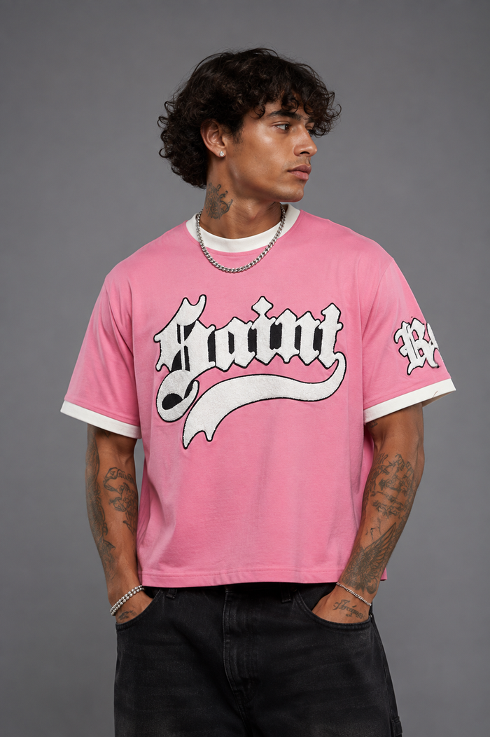 Pink Rebel Minds Saint Chenille Ringer T-Shirt with contrasting collar and sleeve trim, casual and stylish for everyday wear.