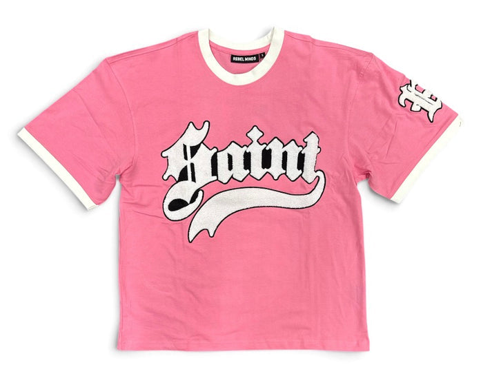 Pink Rebel Minds Saint Chenille Ringer T-shirt with contrasting collar and sleeve details, casual fit and soft fabric.